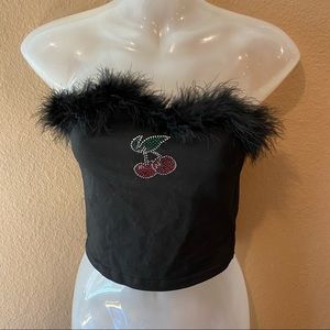 Cherry jeweled feather strapless crop top